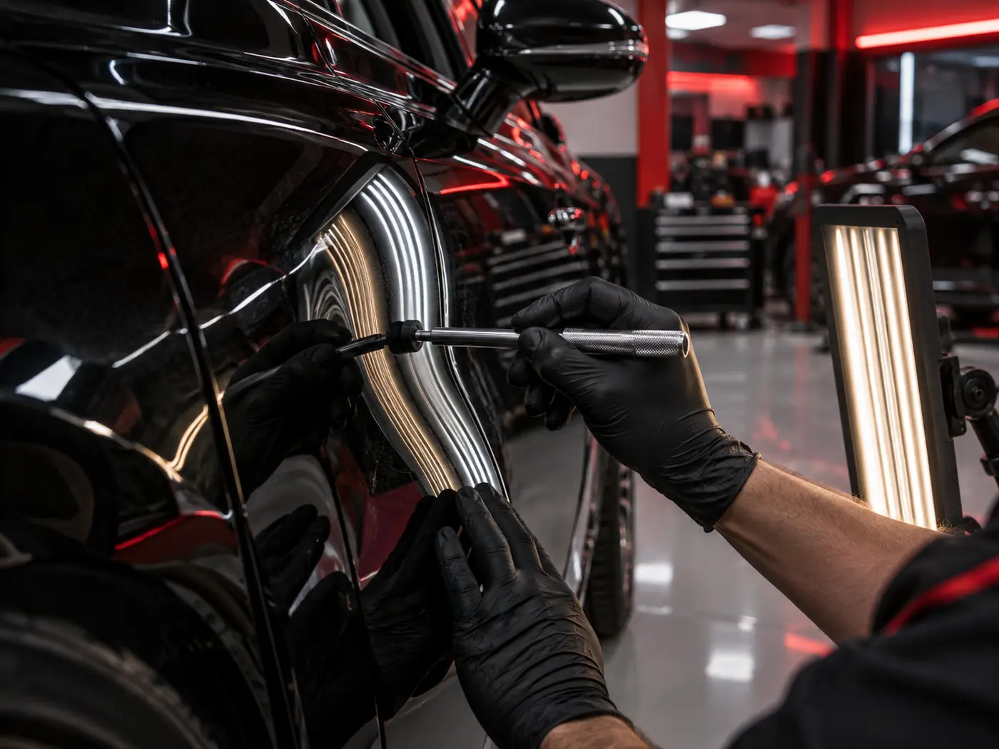 Technician using inspection lighting during paintless dent repair